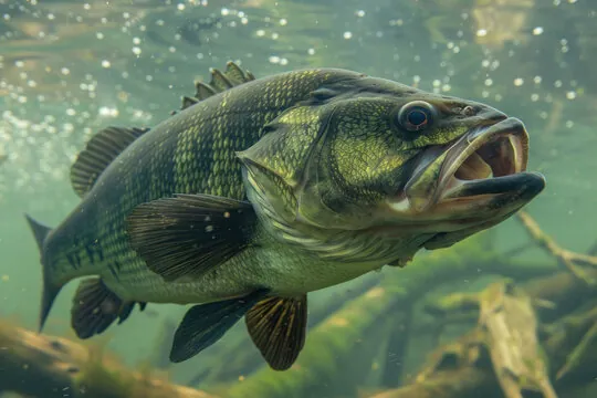 A largemouth bass holding in dark water