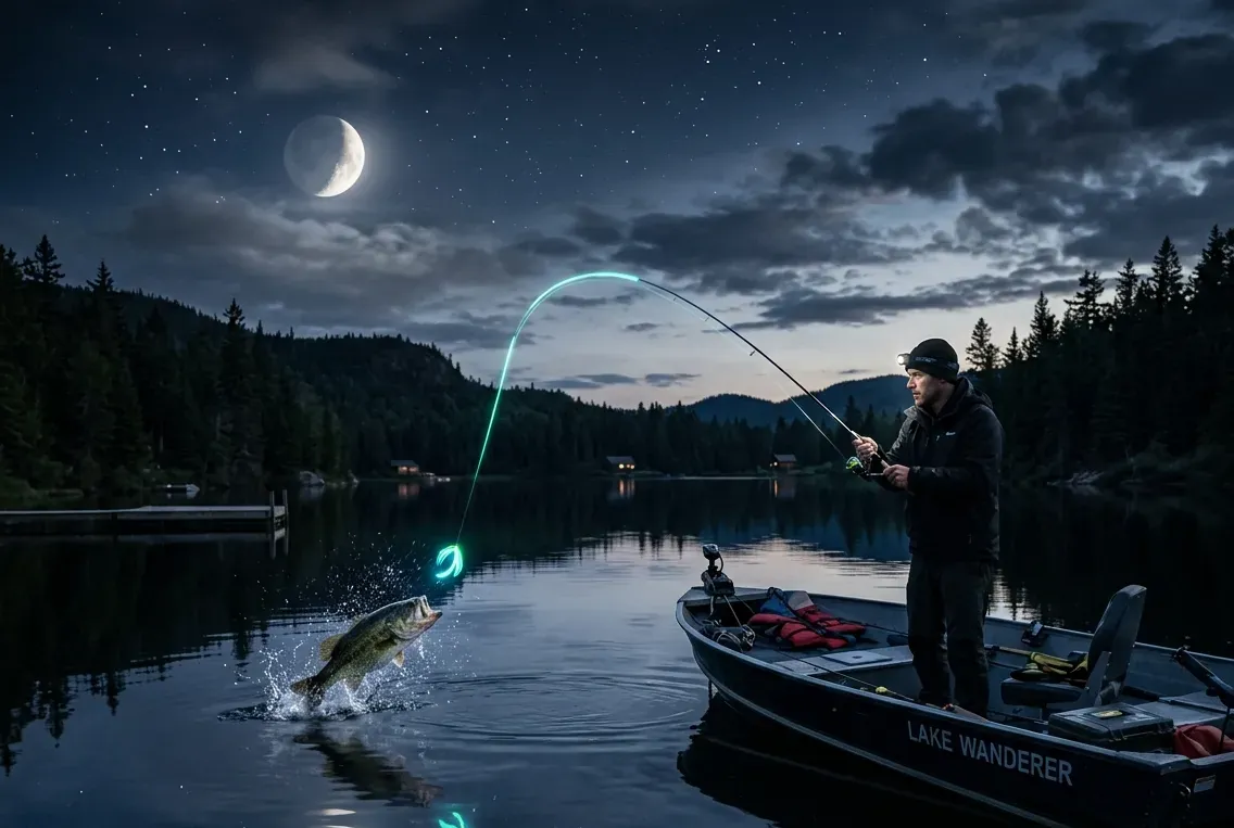 An angler plays a bass beside a boat on a moonlit lake
